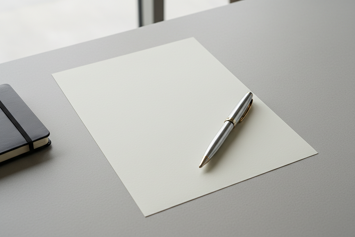 Pen and notebook on a white sheet of paper on a light gray surface

